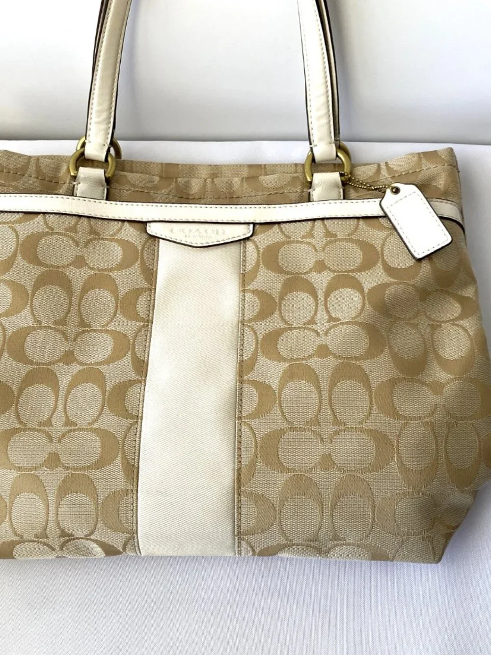 Coach Signature Jacquard Tote Bag | Beige and Ivory Designer Handbag | Large Bag